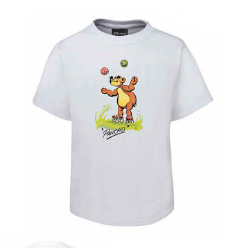 Front view of a kids white tshirt with an illustration of a mouse juggling wearing roller skates and the text 'Pancho'.