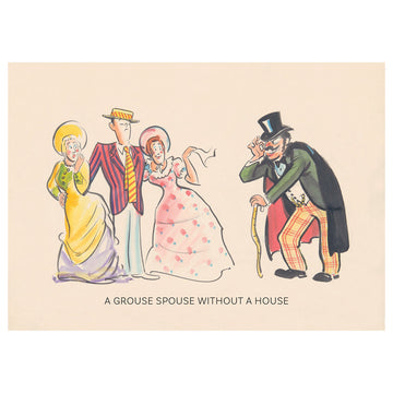 A postcard with an illustration of man wearing a top hat looking at two women and another man.