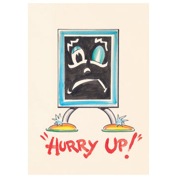 A postcard with an illustration of Blackboard from Mr Squiggle and the text 'Hurry Up!'.