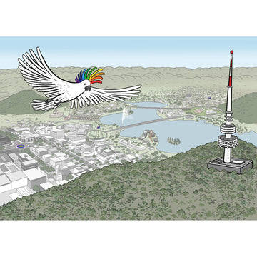 Cityscape with a rainbow crested cockatoo flying over a tall tower, and a lake.