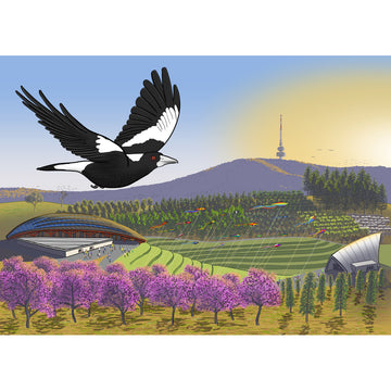 Illustration of a magpie flying over a landscape with trees and buildings.