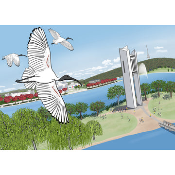 Illustration of a park with a modern building, trees, and birds flying over water.