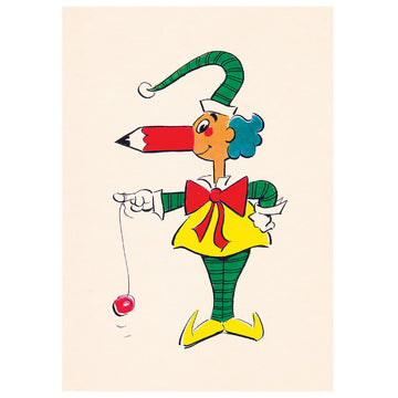 A postcard with an illustration of Mr Squiggle holding a yoyo.