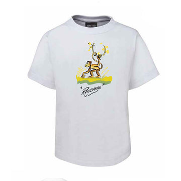 A kids white tshirt with an illustration of a monkey and the text 'Rhubarb'.