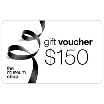 A white card pictured with a black twisted ribbon on the left and the text 'gift voucher $150' on the right.