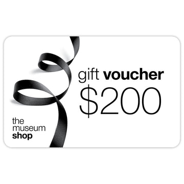 A white card pictured with a black twisted ribbon on the left and the text 'gift voucher $200' on the right.