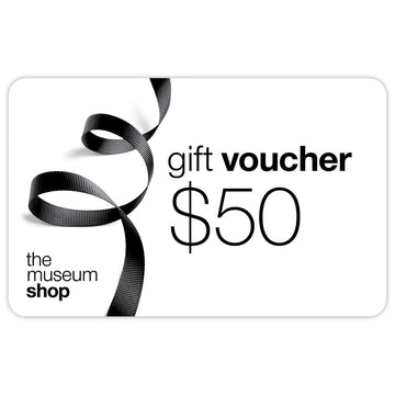 A white card pictured with a black twisted ribbon on the left and the text 'gift voucher $50' on the right.