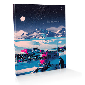A brightly coloured illustration of an Antarctic scene by Timba Smits, with an oversnow vehicle with an Australian flag in the foreground, with buildings, snow and rocky mountains in the distance. 