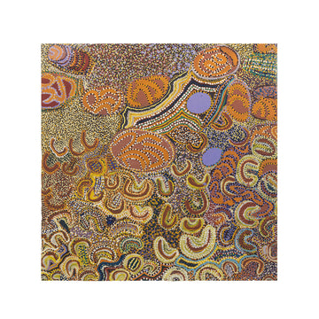 A square greeting card printed with Indigenous artwork of arches and dots.