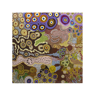 A square greeting card with Indigenous artwork on the front with circles, arches and dots.