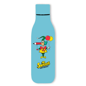 Blue drink bottle with a colorful character design of Mr Squiggle.