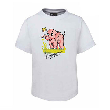 Front view of a kids white tshirt with an illustration of a pink elephant looking at a butterfly with the text 'Strawberry' underneath it.