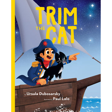 Book cover of 'Trim the Cat' with an illustration of explorer Matthew Flinders and his cat on a ship.