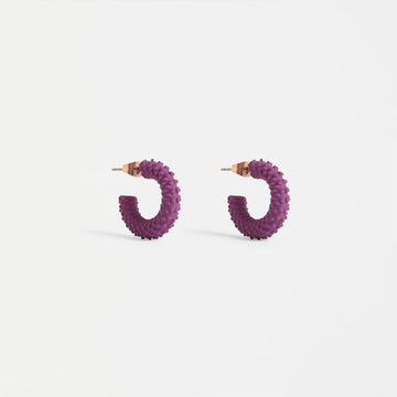 Purple hoop earrings on a white background.