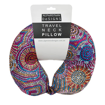 A travel neck pillow printed with artwork by Tina Martin with a white product label around it.