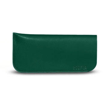 Front view of a sunglasses case in green.