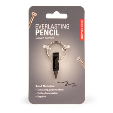 Kirkland branded 3-in-1 multi-tool with pencil, screwdriver, and keychain on gray packaging.