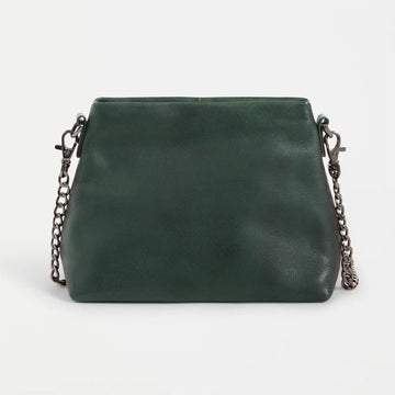 Green leather handbag with chain strap on a white background.