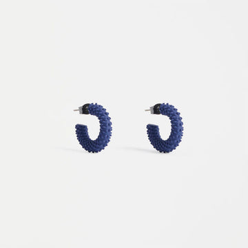 Pair of blue hoop earrings on a white background.