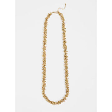 Gold necklace on a white background.