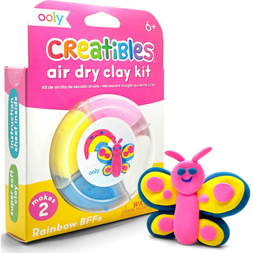 A packet titled 'Creatibles Air Dry Clay Kit' with four different coloured clay in a container and a butterfly made from the clay.