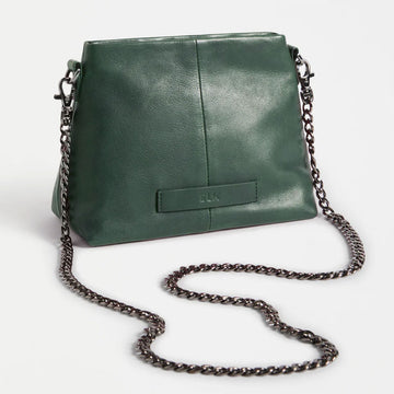 Green leather handbag with chain strap on a white background.