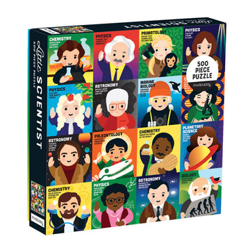 A puzzle box with a grid design of illustrations of different scientists representing different science fields. 