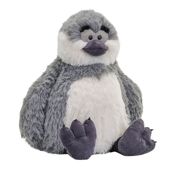 Plush penguin toy on a white background.