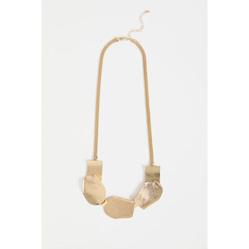 Gold necklace with geometric pendants on a white background.