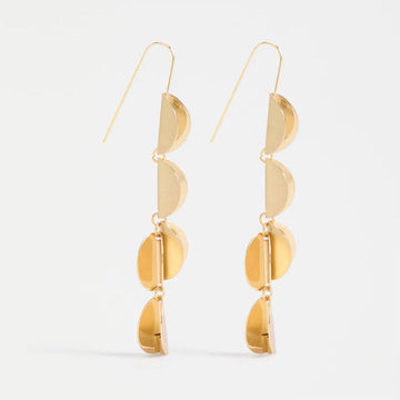 Gold earrings with layered scallop designs on a white background.