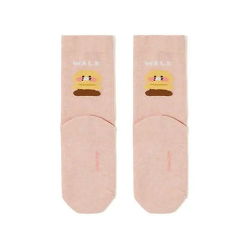 Pair of pink socks with cartoon character and 'WALK' text on a white background.