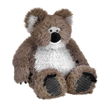 Plush koala toy with brown fur and a white belly on a white background.