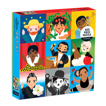 A puzzle box with nine illustrations of different artists in a grid design.