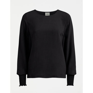 A long sleeve black top with elastic cuffed sleeves.