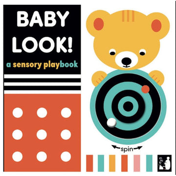 'Baby Look!' book cover featuring an illustration of a bear playing with a maze with two balls inside.
