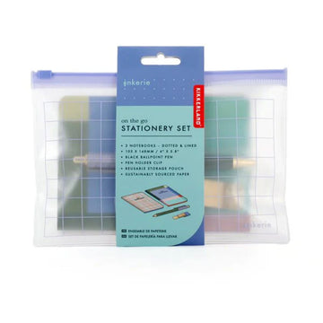 Stationery set packaging with a blue label on a white background