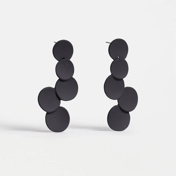 Black circular earrings on a white background.