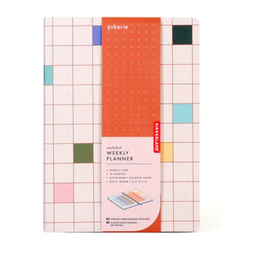 Weekly planner with colorful geometric design on a white background