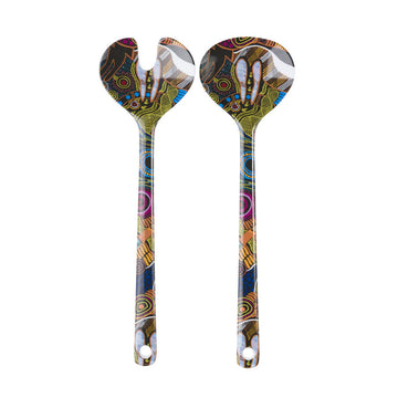A pair of salad servers printed with artwork by Justin Butler.
