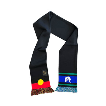 A black scarf with the Aboriginal flag on one end and the Torres Strait Islander flag on the other end.