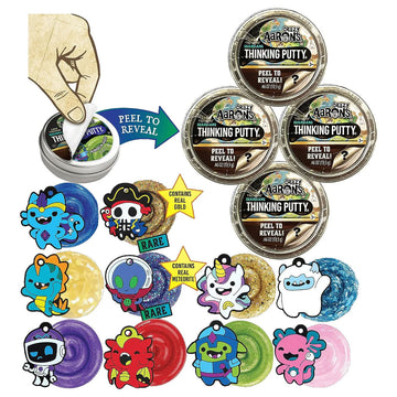 A paper hand is removing a label from a small tin to show which type of putty is inside.