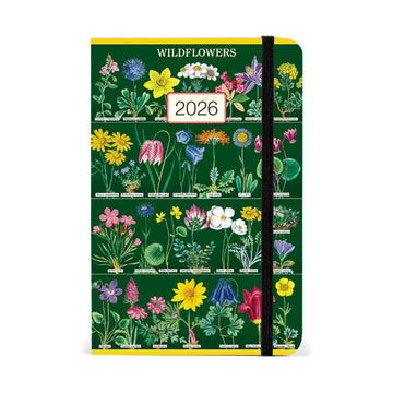 2026 Wildflowers calendar with colorful floral illustrations on a green background.