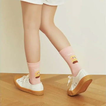 Pair of pink socks with cartoon character and 'WALK' text on a white background.