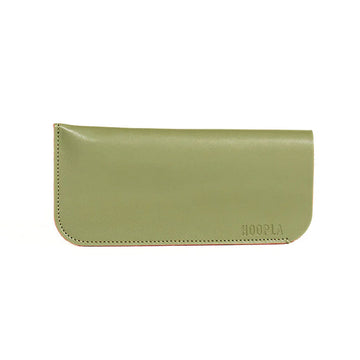 Front view of a sunglasses case in olive green.