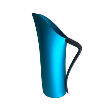 A turquoise blue jug with a black handle.