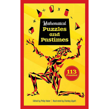 'Mathematical Puzzles and Pastimes' book cover featuring a silhouette of a person made from triangles juggling shapes.