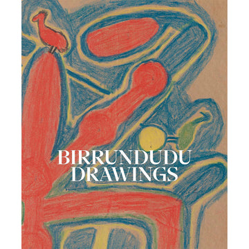 Book cover of 'Birrundudu Drawings' with abstract red and blue artwork on a brown background.