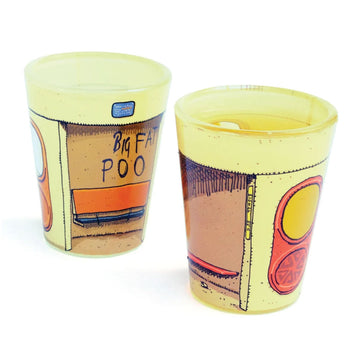 Two shot glasses illustrated to look like Canberra bus shelters.