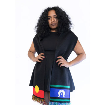 A black scarf with the Aboriginal flag on one end and the Torres Strait Islander flag on the other end.