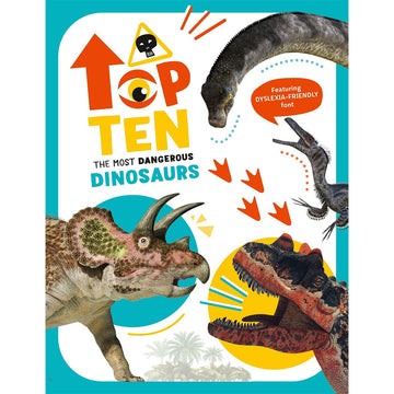 'Top Ten The Most Dangerous Dinosaurs' book cover featuring images of different dinosaurs on a white background with coloured circles.